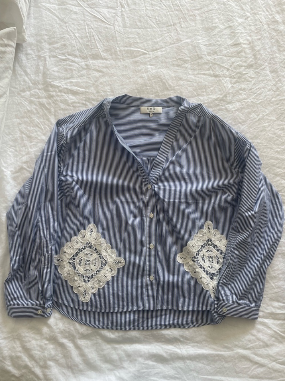 Sea New York Blue and White Striped Button Front Blouse with Lace Appliqué